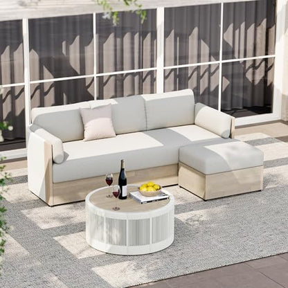 CHITA Outdoor Patio 3-Seater Sofa with Acacia Wood Frame, Fully Assembled | FSC Certified Acacia Wood Frame, 7.9in Thick High-Resilient Seat Cushion, 2 Arm Pillows, Modern Outdoor Patio Furniture