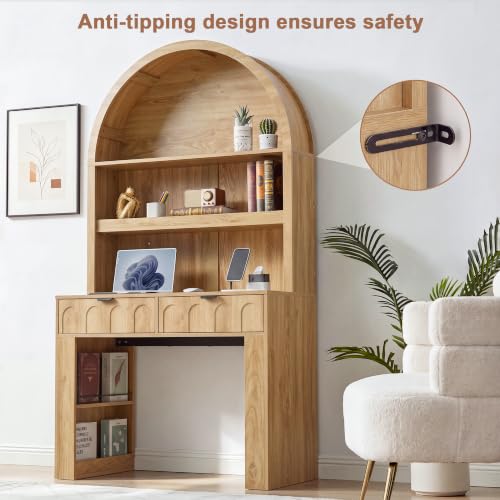 Arched Office Desk with Hutch, Natural, Desktop 39.4" Wx 19.7"D, view 7