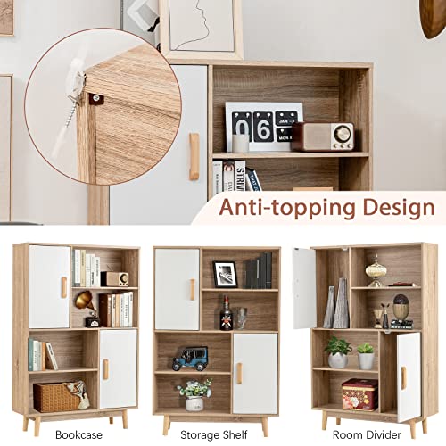 Storage Cabinet with Legs, Floor Cabinet with Doors, Shelves, Anti-Tipping Device, 4-Tier Bookshelf for Books & Photos, Tall Cupboard in Living Room, Kitchen Buffet Sideboard