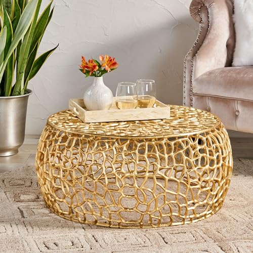 Aluminum Round Coffee Table, Mesh Round Cocktail Table Accent Center Table for Living Room, Gold