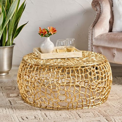 Aluminum Round Coffee Table, Mesh Round Cocktail Table Accent Center Table for Living Room, Gold