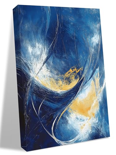 NuYeBiofx Navy Blue Gradient Abstract Color Block Canvas Wall Art Prints,40"x28" Framed Picture Artwork Impressionistic Style Printed Canvas Oil Painting for Living Room Bedroom Office,Ready to Hang