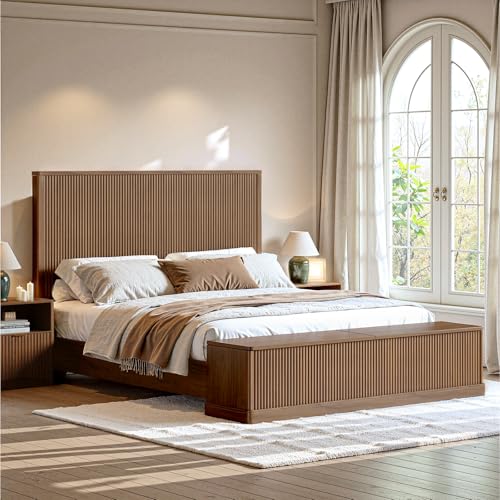 Fluted Walnut King Bed Frame with 51'' Headboard & Storage Bench, view 2