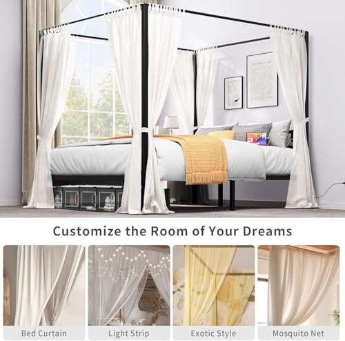 Canopy Bed Frame, Four Poster Platform Bed with USB Charging Station, view 6