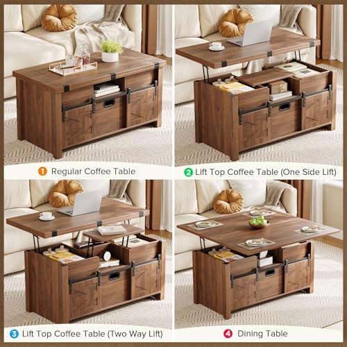40" Farmhouse Lift Top Coffee Table with Storage Drawers,Walnut | 4 in 1 Multi-Function Coffee Tables with Sliding Barn Door & Hidden Compartment,Converts to Dining Table for Living Room
