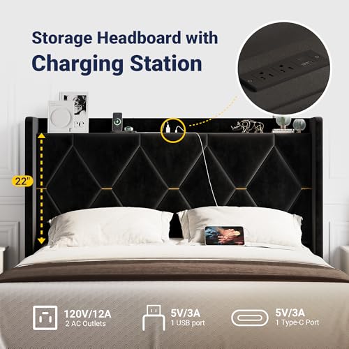 Queen Size Bed Frame with Storage Shelf & Charging Station, Black, view 5