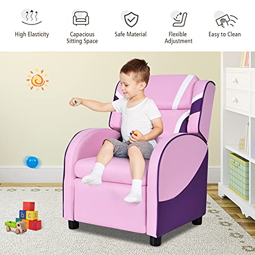 Kids Recliner, Gaming Recliner Chair w/Footrest, Headrest, Lumbar Support & Side Pockets, Ergonomic Leather Lounge Chair for Living & Gaming Room, Adjustable Recliner Sofa for Boys Girls, Pink