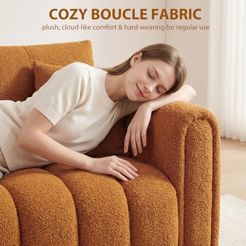 91.5"W Modern Boucle Sofa for Living Room, Oversized Loveseat Couch, Orange | Comfy Channel-Tufted Couch with Rolled Arms and 2 Soft Pillows, 3-Seater Cloud Couch for Apartment, Studio, Bedroom, Office
