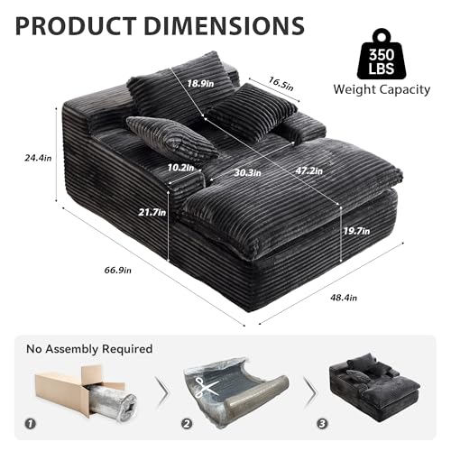 67" Oversized Boneless Chaise Lounge Chair Indoor, Grey, view 3