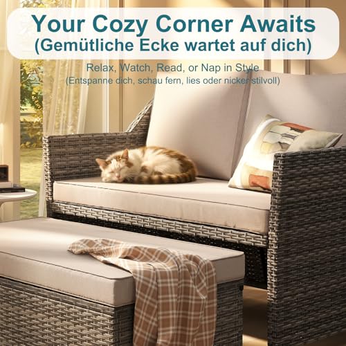 2-Piece Outdoor Patio Furniture Wicker Love-seat and Coffee Table Set, with Built-in Storage Bin, Grey Rattan, Beige Cushions