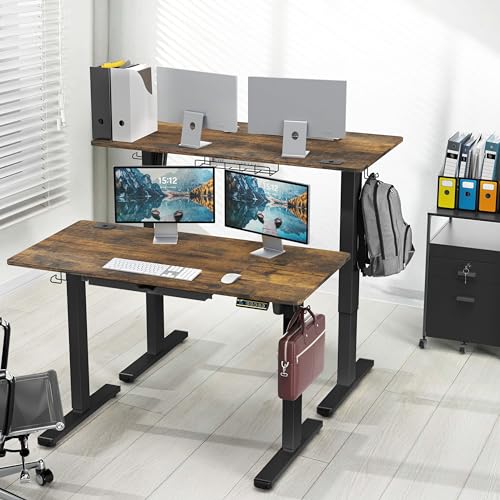 48-Inch Electric Height Adjustable Standing Desk with Drawer, Memory Preset and Cable Management Tray, Rustic Brown