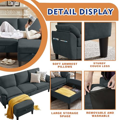 4 Piece Convertible Sectional Sofa Set, Modern Linen Small L Shaped Couch with Reversible Chaise, 3-Seater Sofa & Loveseat & Armchair for Living Room, Office, Apartment, Dark Grey