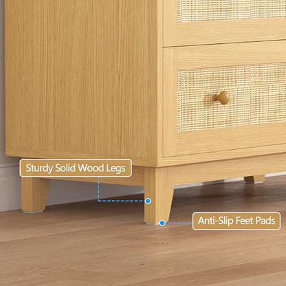 3 Drawer Rattan Dresser for Bedroom, Small Boho Nightstand Sets with Wooden Feet, Rattan Wood Clothes Storage Cabinet for Hallway, Living Room, Entryway (Wood, 3 Drawers)