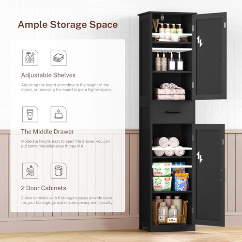 TEENFON Tall Bathroom Cabinet, Storage Cabinet with 6 Shelves & Drawer, Bathroom Storage Cabinet with Adjustable Shelves, Tall Cabinet for Living Room, Home Office, Black