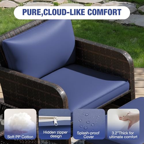 Patio Conversation Set 5 Piece, Balcony Furniture Outdoor PE Rattan Wicker Lounge Chairs with Soft Cushions, 2 Ottomans & Glass Table for Porch Lawn, Brown (Blue Cushions