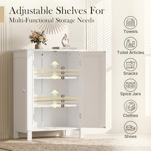Modern Bathroom Floor Storage Cabinet with Adjustable Shelf and Double Door Rust Proof, Living Room Modern Home Furniture Storage Organizer Cabinet