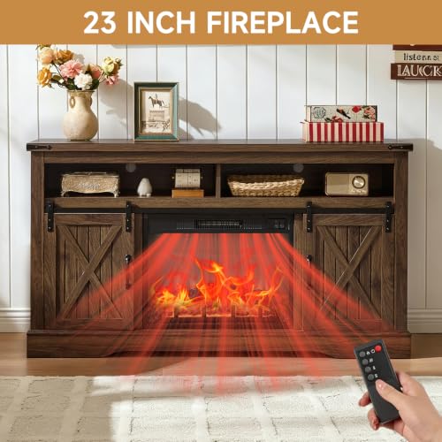 58" Fireplace TV Stand for TV up to 65 Inch with Farmhouse Sliding Barn Doors, view 4