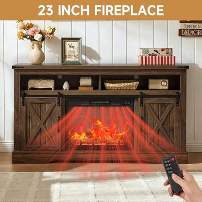 58" Fireplace TV Stand for TV up to 65 Inch with Farmhouse Sliding Barn Doors, view 4