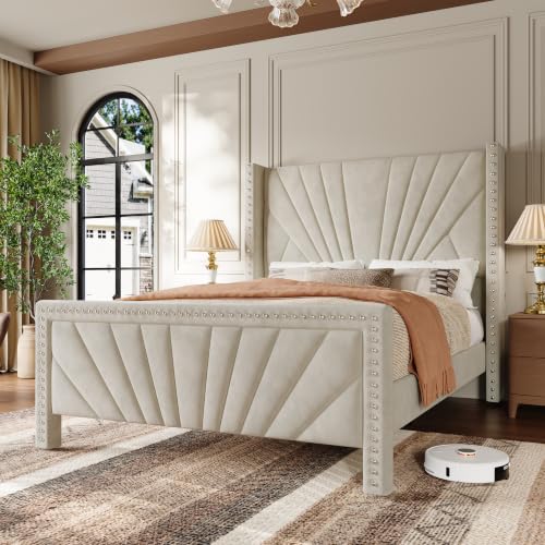 Queen Bed Frame 55" Velvet Upholstered Platform Bed, Art Deco, Cream White, view 2