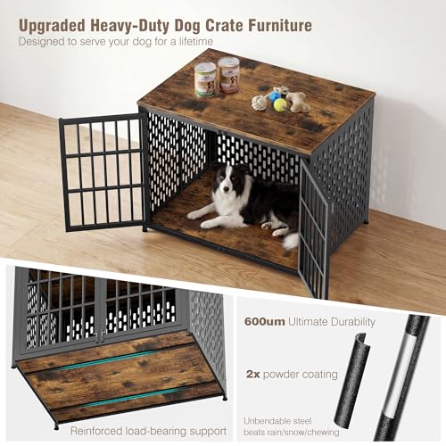 Dog Crate Furniture 42in, Heavy Duty End Table with Perforated Steel Chew-Proof Panels, Escape-Proof Indoor Dog Kennel for Large Dogs (60-90 lbs) Waterproof & Scratch-Resistant