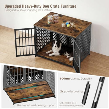 Dog Crate Furniture 42in, Heavy Duty End Table with Perforated Steel Chew-Proof Panels, Escape-Proof Indoor Dog Kennel for Large Dogs (60-90 lbs) Waterproof & Scratch-Resistant
