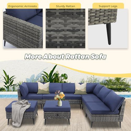 8 Pieces Outdoor Patio Furniture Set, Wicker Sectional Sofa Set for All-Weather, Rattan Conversation Sets with Cushions and Storage for Deck, Backyard, Porch (Grey)