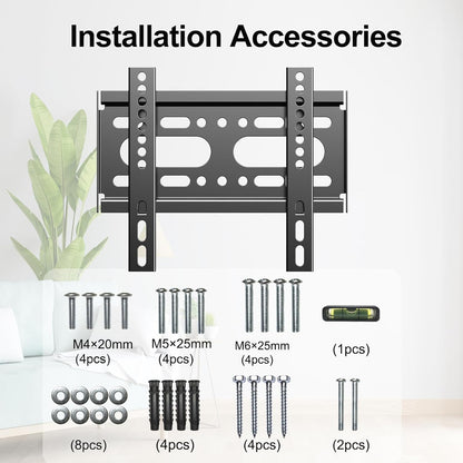 Fixed TV Wall Mount for 14-42" Flat Screen Tvs, Small Wall Mount TV Bracket Fit 19 24 28 32 35 39 40 Inch, VESA up to 200X200Mm 55Lbs Max Load, Easy Install Low Profile Monitor Mount Bracket