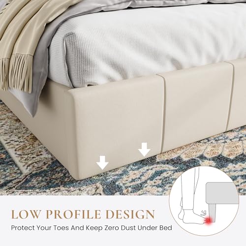 Queen Size Bed Frame, Velvet Upholstered Platform Bed, Cream, view 6