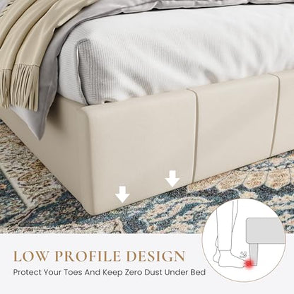 Queen Size Bed Frame, Velvet Upholstered Platform Bed, Cream, view 6