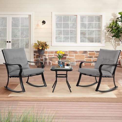 3-Piece Outdoor Rocking Chairs Bistro Set, Black Iron Patio Furniture with Gray Thickened Cushion & Glass-Top Coffee Table