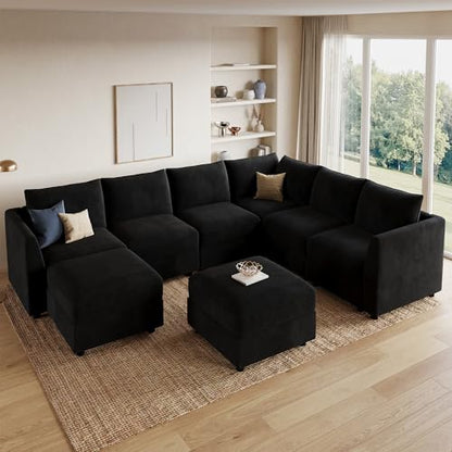 Oversized Modular Sectional Sofa with Storage U Shape Sectional Sofa Set Velvet Sectional Couches for Living Room,Black