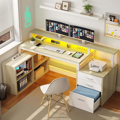 L Shaped Desk with Drawers, 65" Computer Desk with Power Outlets & LED Lights, Corner Home Office Desk with Storage Shelves & Printer Stand, White & Oak