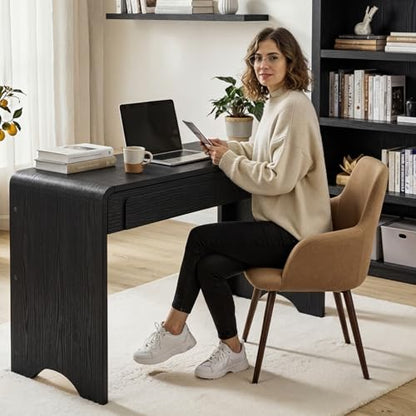 Computer Desk with 2 Drawers, 47 Inch Wood Home Office Desk, Small Writing Table with Curved Handles & Waterfall Rounded Edges, Cute Modern Desks for Bedroom Study Living Room, Black