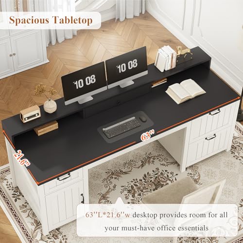 63" Farmhouse Executive Desk with Drawers and Storage, White + Black, view 7