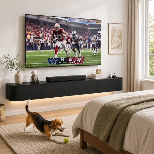Solid Wood Floating TV Stand with LED Light Modern Wall Mounted Entertainment, view 4