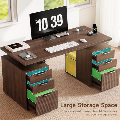 63" Electric Standing Desk with 6 Drawers,Storage Shelves,Walnut, view 5