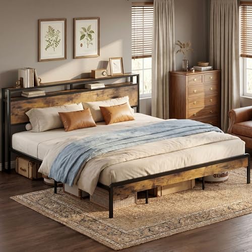 King Size Bed Frame with 2-Tier Storage Shelf Headboard, view 4