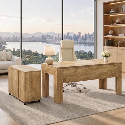 Tribesigns L Shaped Executive Desk with Drawers,Light Brown, view 6