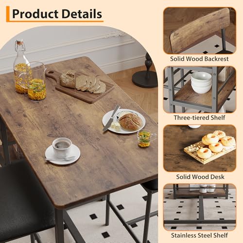 Dining Table Set for 2, Counter Height Kitchen Table with 2 Upholstered Bar Stools, Dining Table and Chairs Set with Storage Shelves, for Small Space, Apartment, Studio, Retro Brown