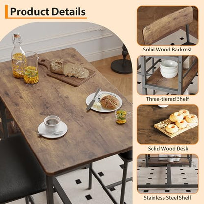 Dining Table Set for 2, Counter Height Kitchen Table with 2 Upholstered Bar Stools, Dining Table and Chairs Set with Storage Shelves, for Small Space, Apartment, Studio, Retro Brown