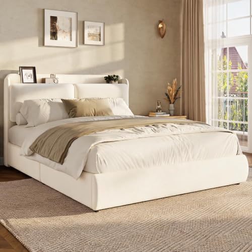 Chenille Fabric Full Size Bed Frame with Recessed Shelf- Beige, view 2