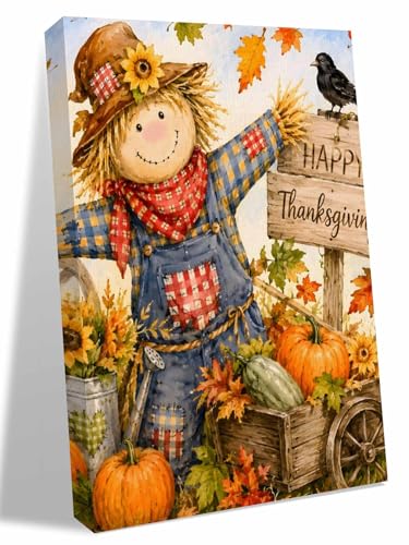 NuYeBiofx Farm Pumpkin Happy Thanksgiving Canvas Wall Art Prints,48"x32" Framed Picture Artwork Cartoon Straw Man Printed Canvas Oil Painting for Living Room Bedroom Office,Ready to Hang