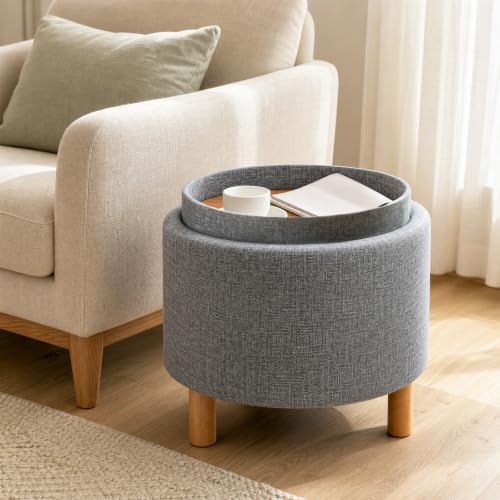 Round Storage Ottoman with Tray, Accent Storage Footstool, Gray, view 3