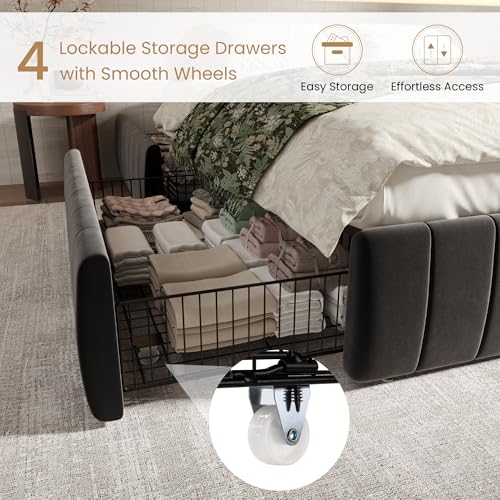 King Size Velvet Upholstered Platform Bed Frame with 4 Storage Drawers, view 6