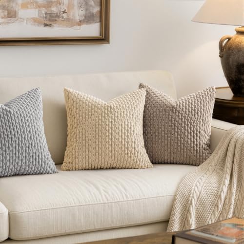 Pack of 2 Decorative Throw Pillow Covers 18x18 Inch Soft Boho Striped Textured Corduroy Pillow Covers Modern Farmhouse Home Decor for Couch Bed Sofa Living Room Beige