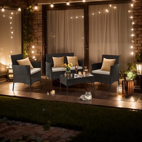 4 Pieces Patio Furniture Set, Rattan Conversation Sets, Black | Loveseat with Soft Cushion, Glass Table for Garden Backyard Balcony Porch Poolside