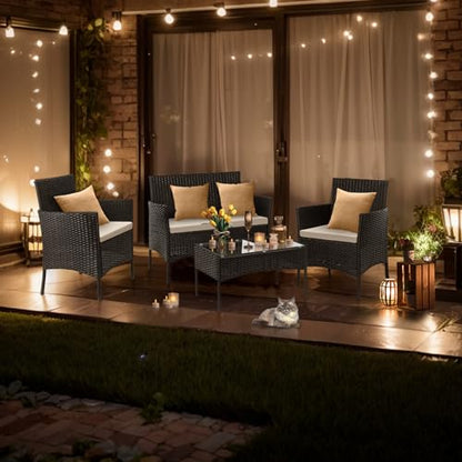 4 Pieces Patio Furniture Set, Rattan Conversation Sets, Black | Loveseat with Soft Cushion, Glass Table for Garden Backyard Balcony Porch Poolside