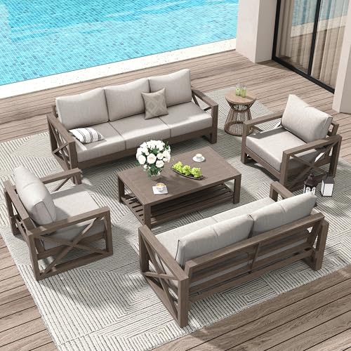 Aluminum Patio Furniture Set, 8 Pieces Modern Metal Outdoor Furniture, Faux Wood Grain Finish Frame Patio Sofa Sets with 6" Cushion for Backyard, Beige (Included Waterproof Covers)