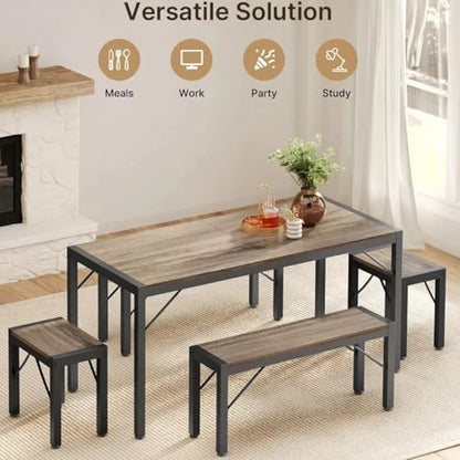 63" Dining Room Table Set for 6, Kitchen Table with 2 Benches and 2 Stools, Dining Table Set with Metal Frame, Space-Saving Kitchen Table Set for Apartment, Grey