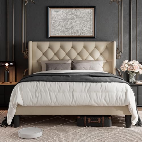 Queen Size Bed Frame with Button Tufted Upholstered Headboard, view 4